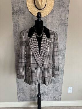 Vintage Marks & Spencer Plaid Wool Blend Blazer - Velvet Collar - UK Heritage
